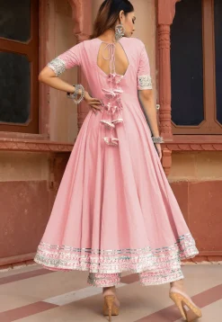 Gota Embellished Cotton Silk Anarkali Suit in Baby Pink