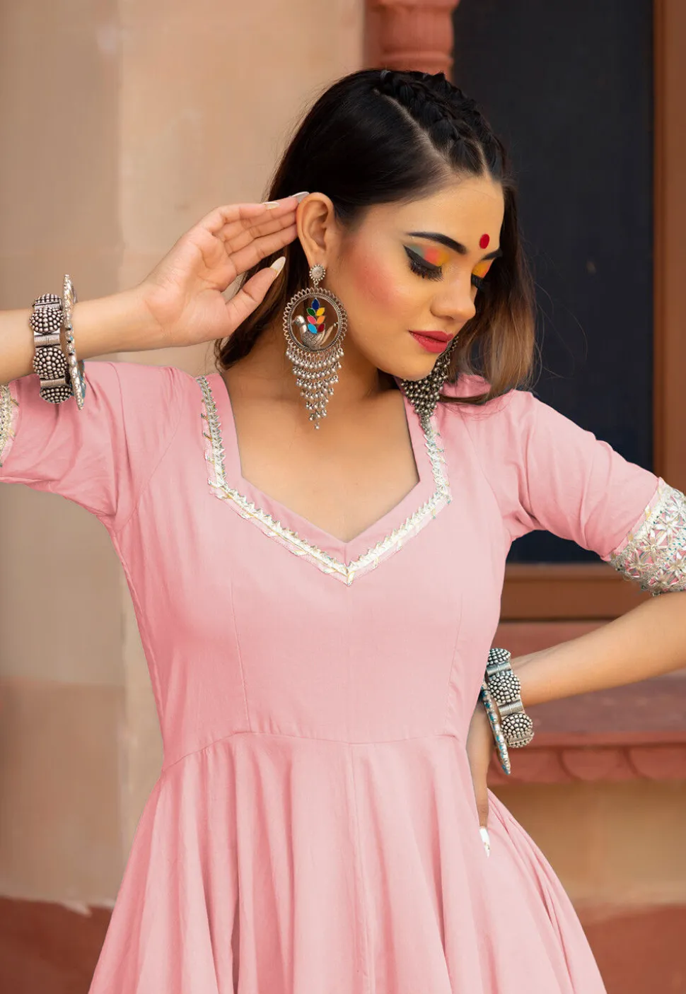 Gota Embellished Cotton Silk Anarkali Suit in Baby Pink