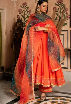 Gota Embellished Cotton Scalloped Anarkali Suit in Orange