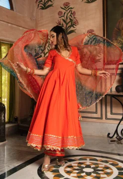 Gota Embellished Cotton Scalloped Anarkali Suit in Orange