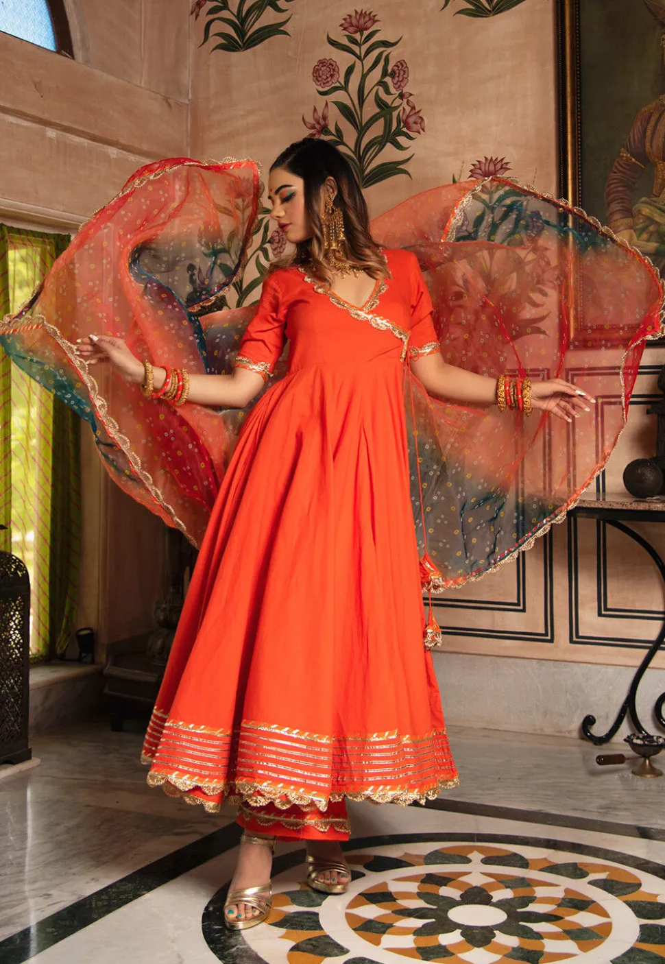 Gota Embellished Cotton Scalloped Anarkali Suit in Orange