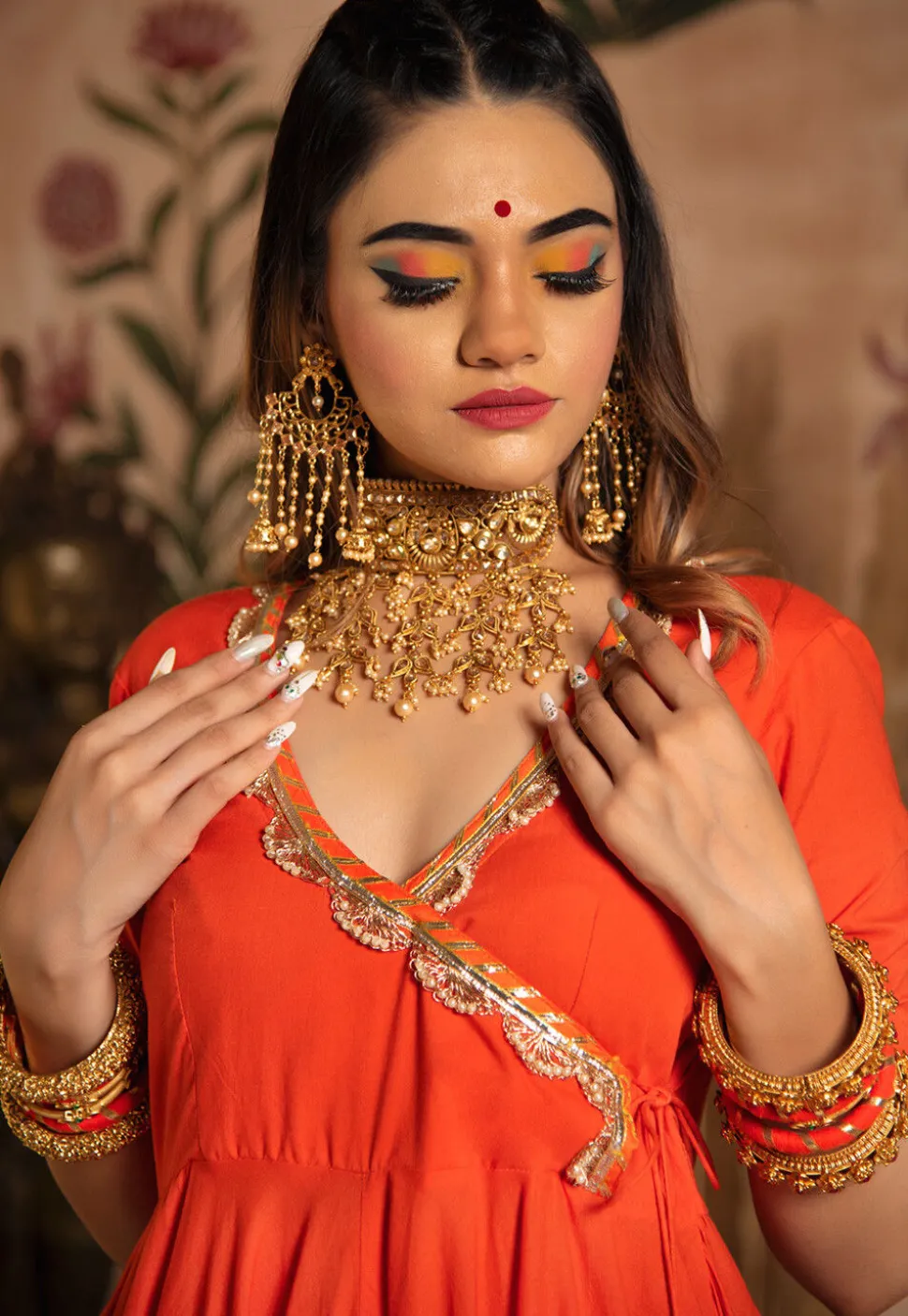 Gota Embellished Cotton Scalloped Anarkali Suit in Orange