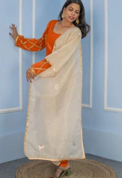 Gota Embellished Cotton Silk Straight Cut Suit in Dark Orange