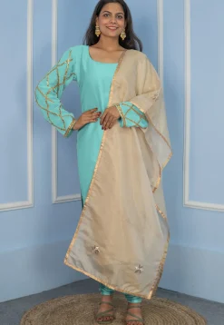 Gota Embellished Cotton Silk Straight Cut Suit in Turquoise