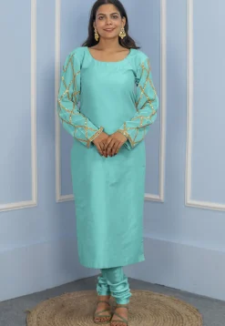 Gota Embellished Cotton Silk Straight Cut Suit in Turquoise