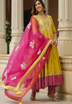 Gota Embellished Cotton Silk Anarkali Suit in Greenish Yellow