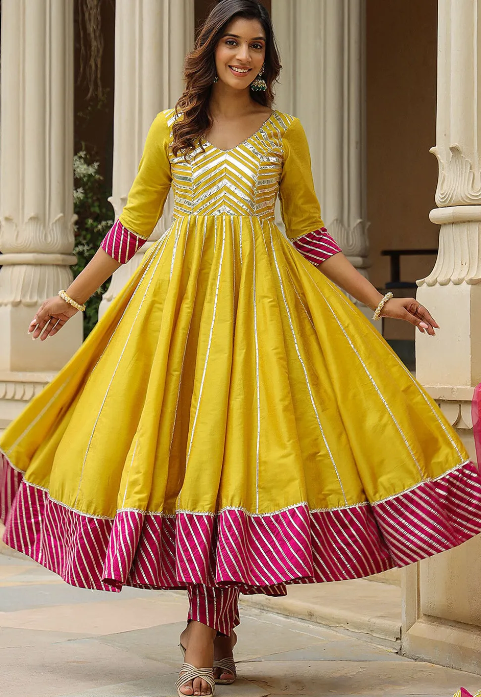 Gota Embellished Cotton Silk Anarkali Suit in Greenish Yellow