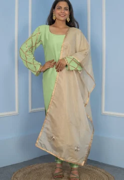 Gota Embellished Cotton Silk Straight Cut Suit in Pastel Green