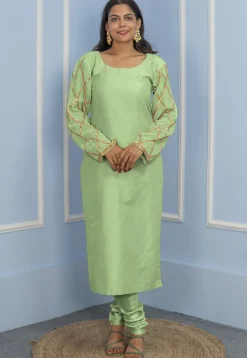 Gota Embellished Cotton Silk Straight Cut Suit in Pastel Green