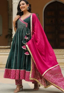 Gota Embellished Cotton Silk Anarkali Suit in Dark Green