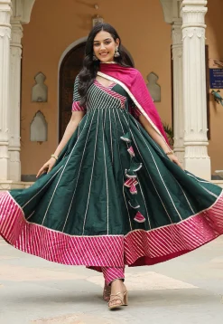 Gota Embellished Cotton Silk Anarkali Suit in Dark Green