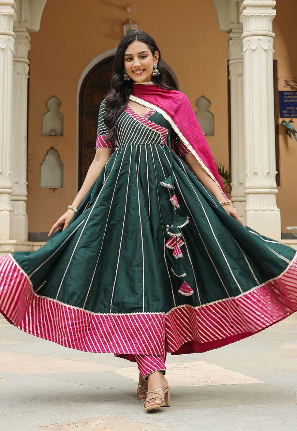 Gota Embellished Cotton Silk Anarkali Suit in Dark Green