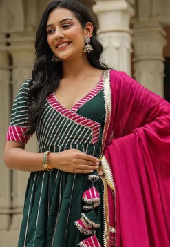 Gota Embellished Cotton Silk Anarkali Suit in Dark Green