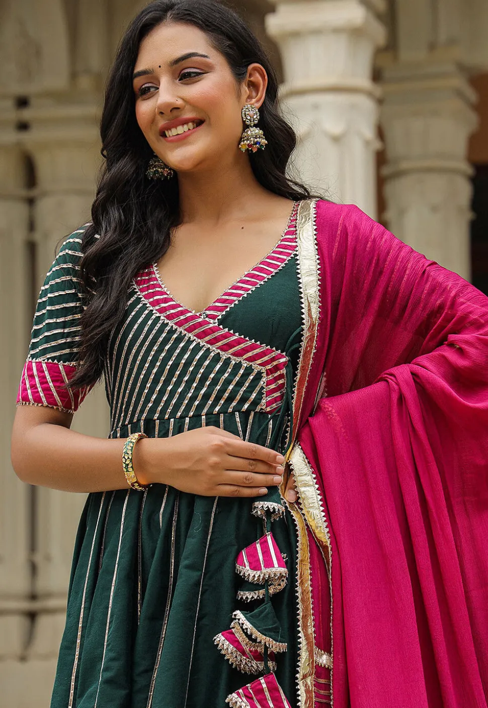 Gota Embellished Cotton Silk Anarkali Suit in Dark Green