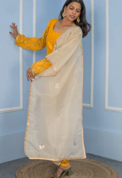 Gota Embellished Cotton Silk Straight Cut Suit in Dark Mustard