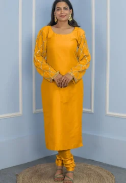 Gota Embellished Cotton Silk Straight Cut Suit in Dark Mustard
