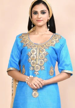 Gota Embellished Dupion Silk Straight Suit in Light Blue