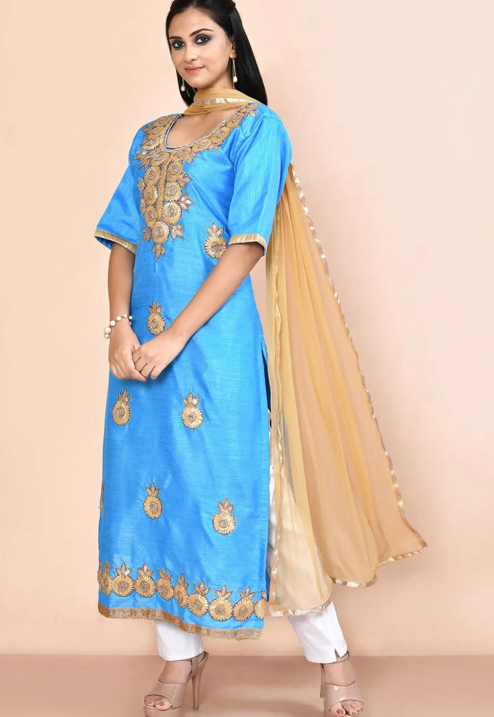 Gota Embellished Dupion Silk Straight Suit in Light Blue