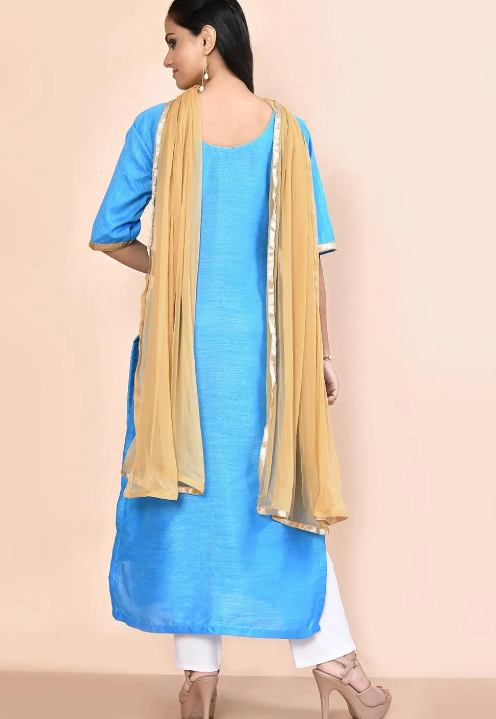 Gota Embellished Dupion Silk Straight Suit in Light Blue