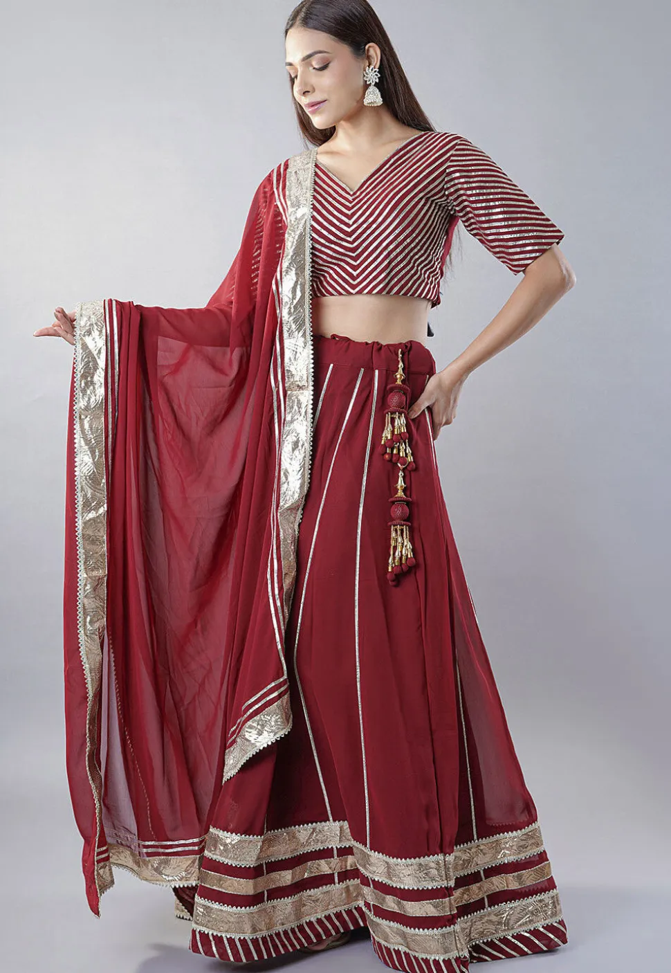 Gota Embellished Georgette Lehenga in Maroon