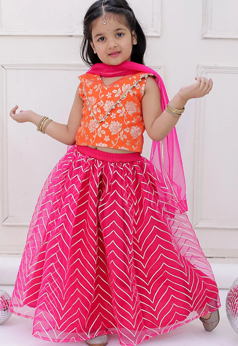 Gota Embellished Net Lehenga in Fuchsia