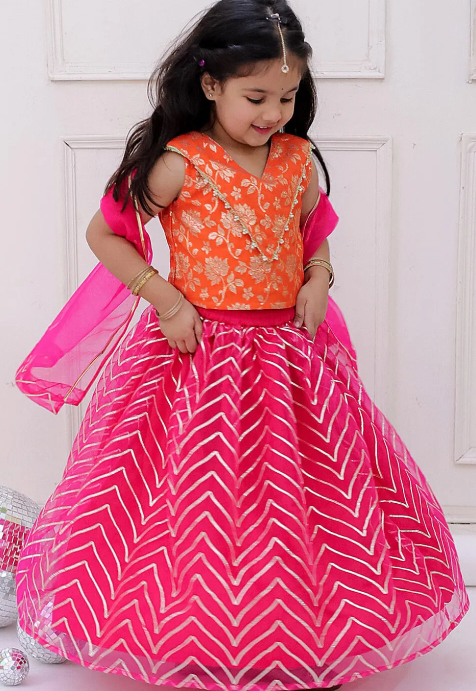 Gota Embellished Net Lehenga in Fuchsia