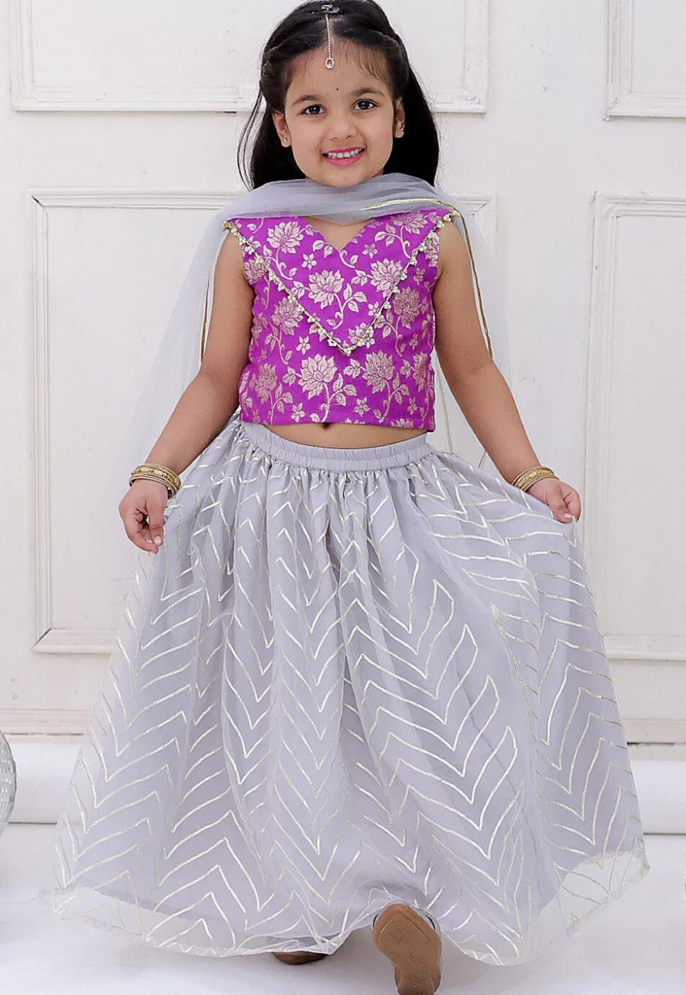 Gota Embellished Net Lehenga in Grey