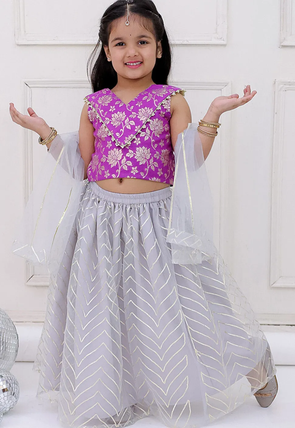 Gota Embellished Net Lehenga in Grey