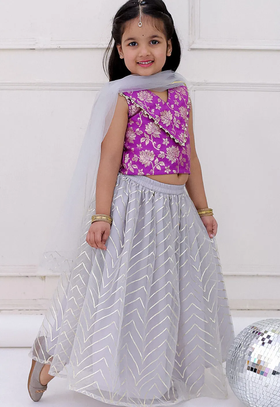 Gota Embellished Net Lehenga in Grey