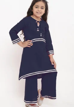 Gota Embellished Rayon A Line Kurta Set in Navy Blue