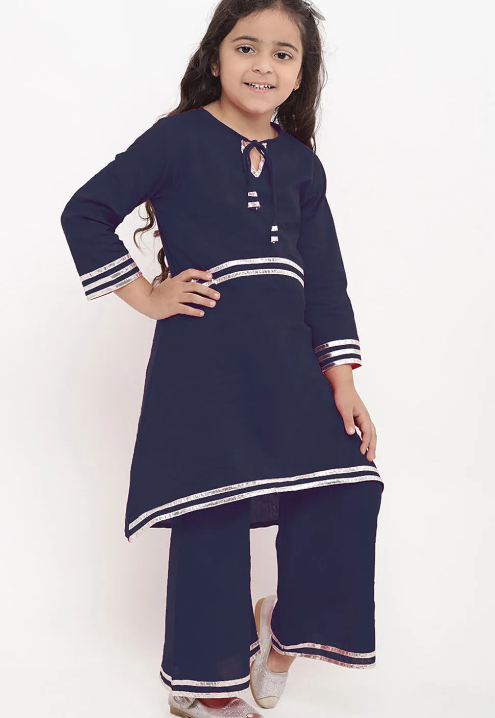 Gota Embellished Rayon A Line Kurta Set in Navy Blue