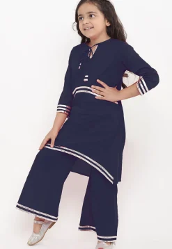 Gota Embellished Rayon A Line Kurta Set in Navy Blue