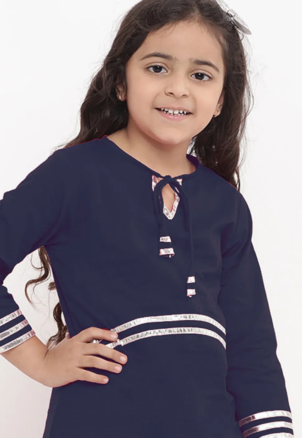 Gota Embellished Rayon A Line Kurta Set in Navy Blue