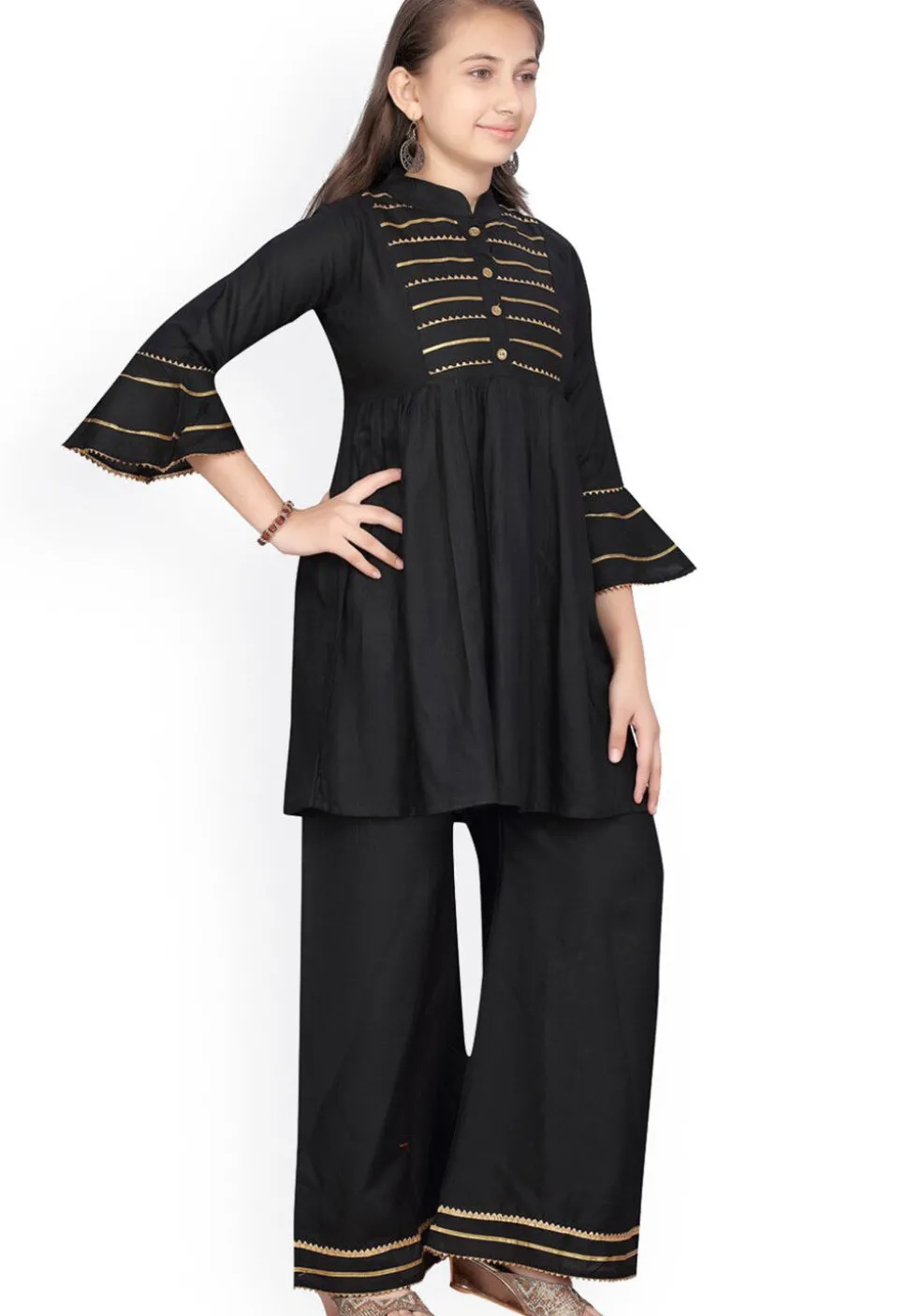 Gota Embellished Rayon A Line Kurta Set in Black
