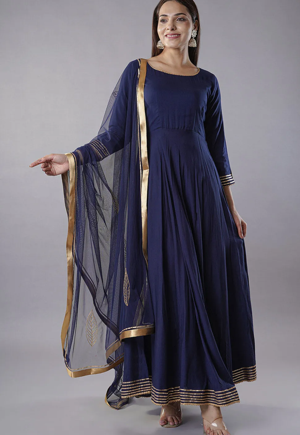 Gota Embellished Rayon Abaya Style Suit in Navy Blue