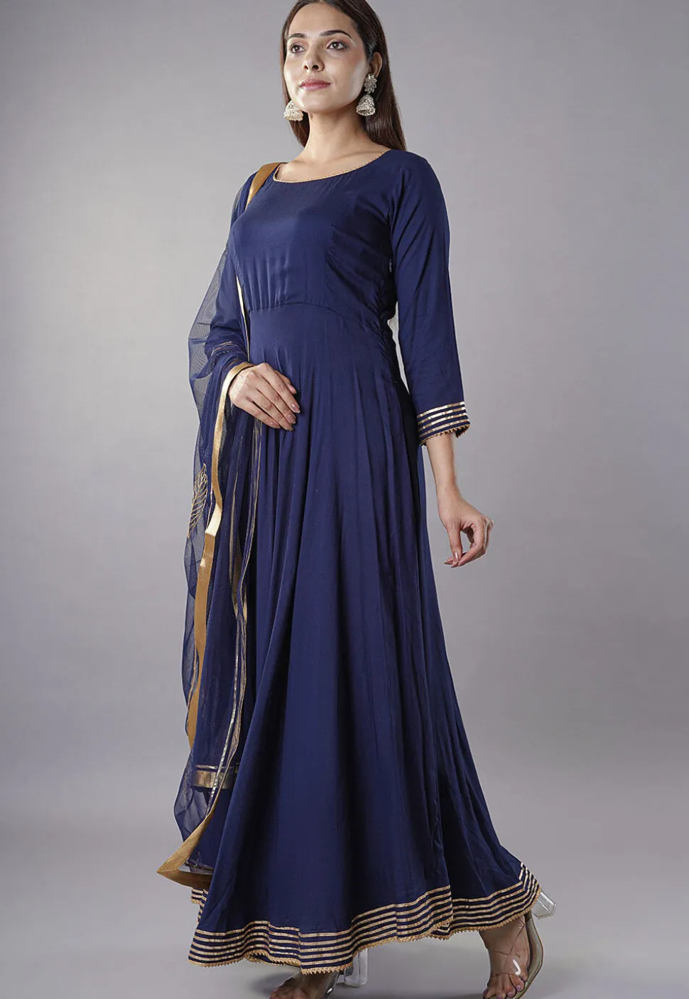 Gota Embellished Rayon Abaya Style Suit in Navy Blue