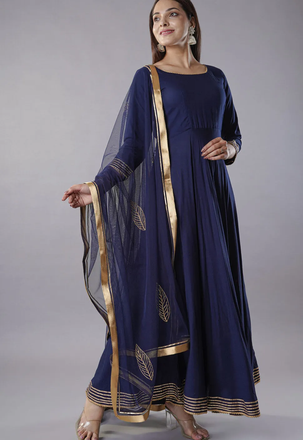 Gota Embellished Rayon Abaya Style Suit in Navy Blue