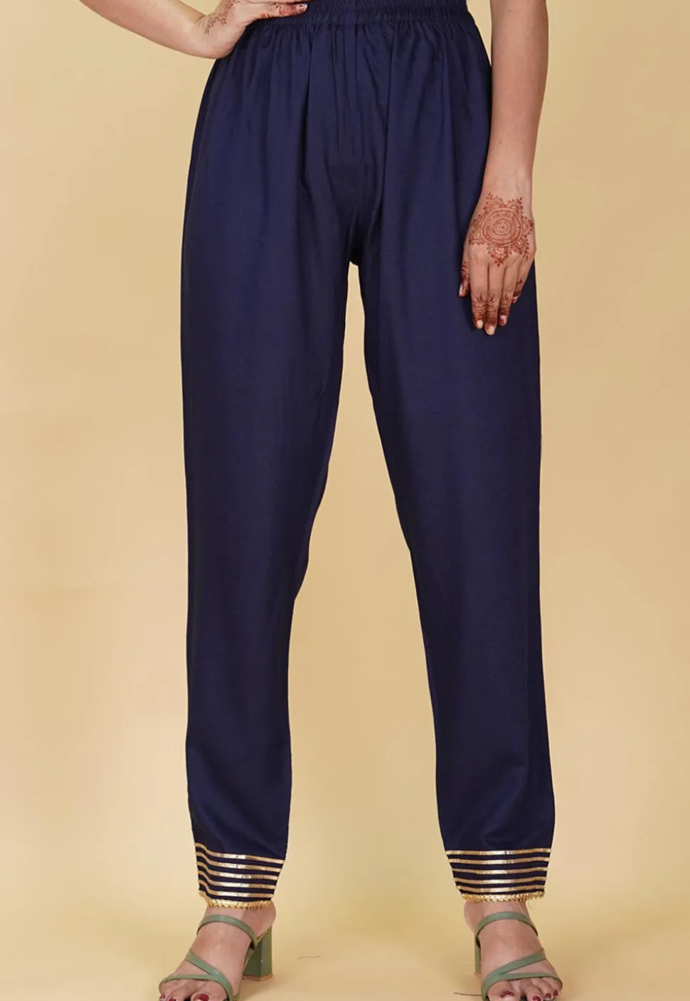 Gota Embellished Rayon Pant in Navy Blue