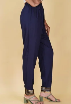 Gota Embellished Rayon Pant in Navy Blue