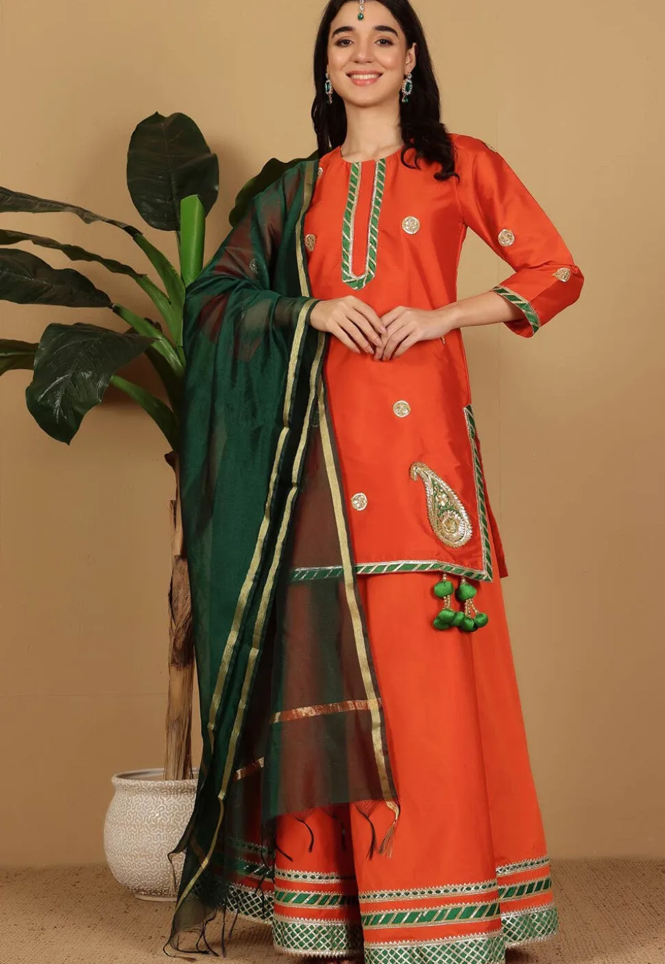 Gota Embellished Taffeta Silk Lehenga in Orange
