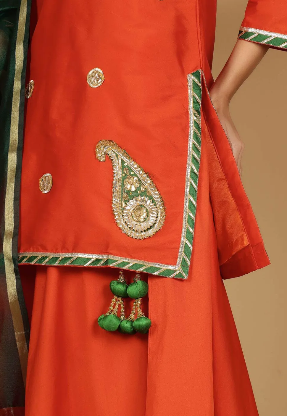 Gota Embellished Taffeta Silk Lehenga in Orange