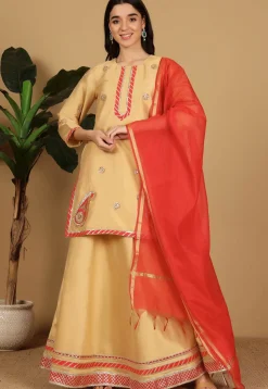 Gota Embellished Taffeta Silk Lehenga in Light Beige