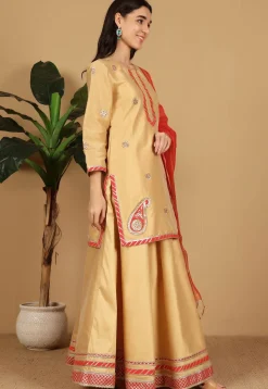 Gota Embellished Taffeta Silk Lehenga in Light Beige