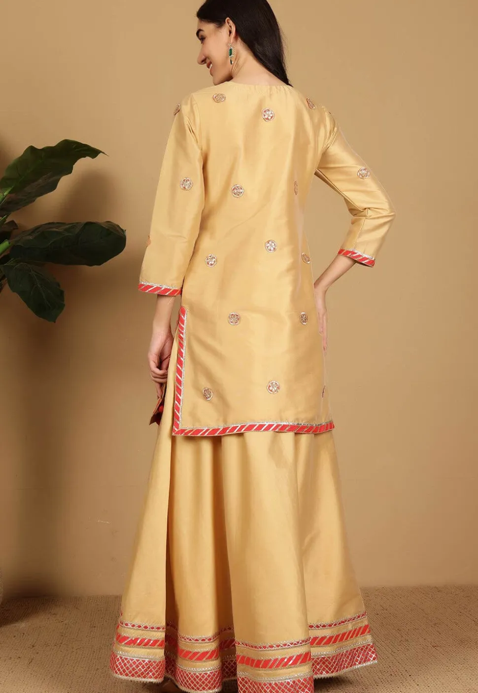 Gota Embellished Taffeta Silk Lehenga in Light Beige