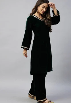 Gota Embellished Velvet Straight Kurta Set in Dark Green