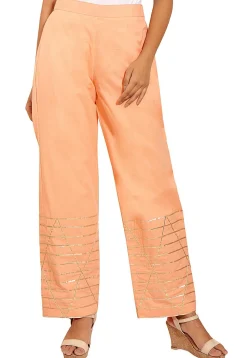 Gota Embroidered Cotton Pant in Peach