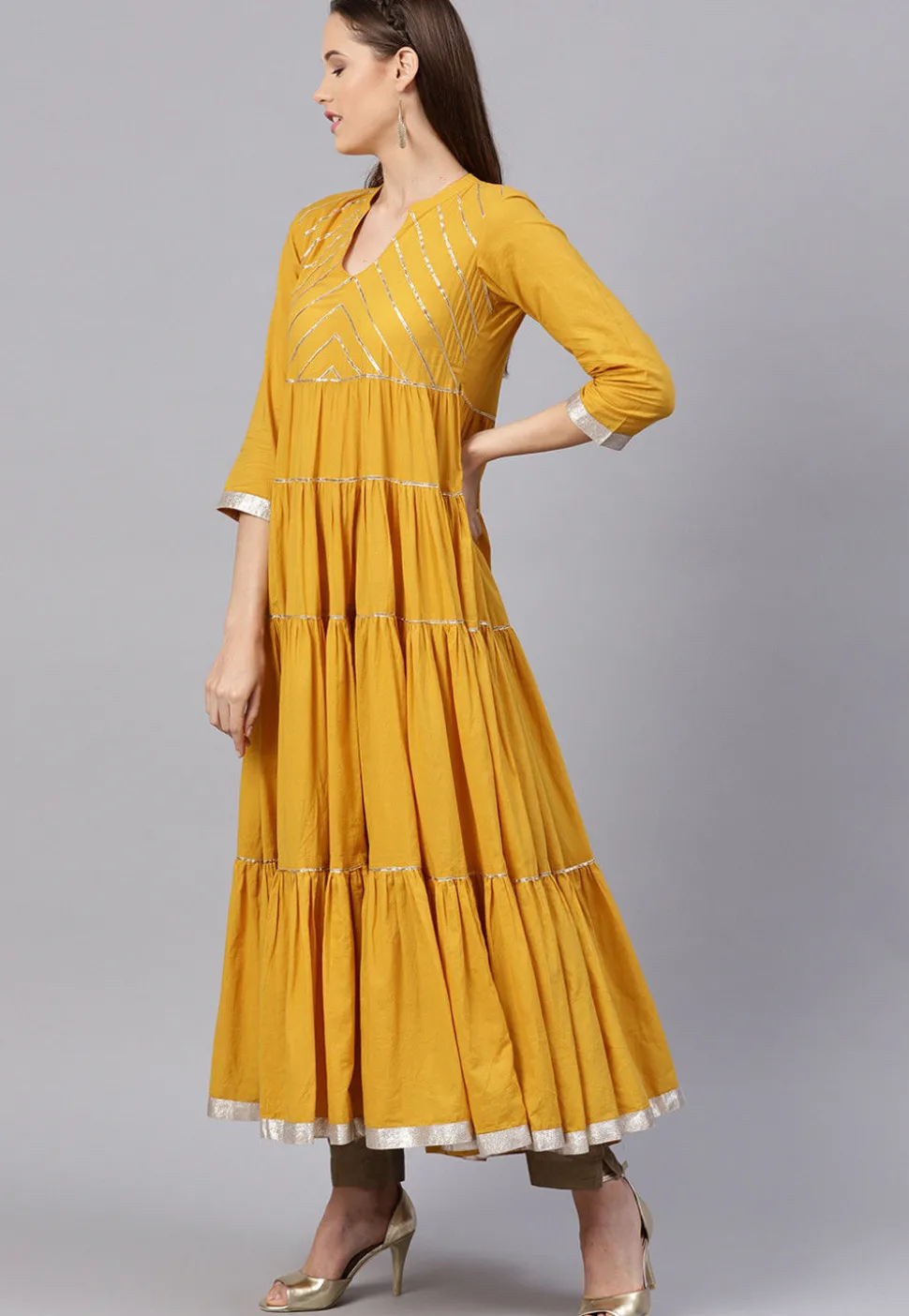 Gota Embroidered Cotton Tiered Kurta in Mustard