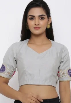 Gota Embroidered Dupion Silk Blouse in Grey