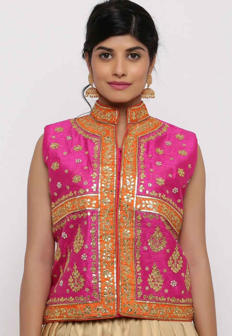 Gota Embroidered Dupion Silk Long Jacket in Fuchsia