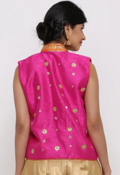 Gota Embroidered Dupion Silk Long Jacket in Fuchsia